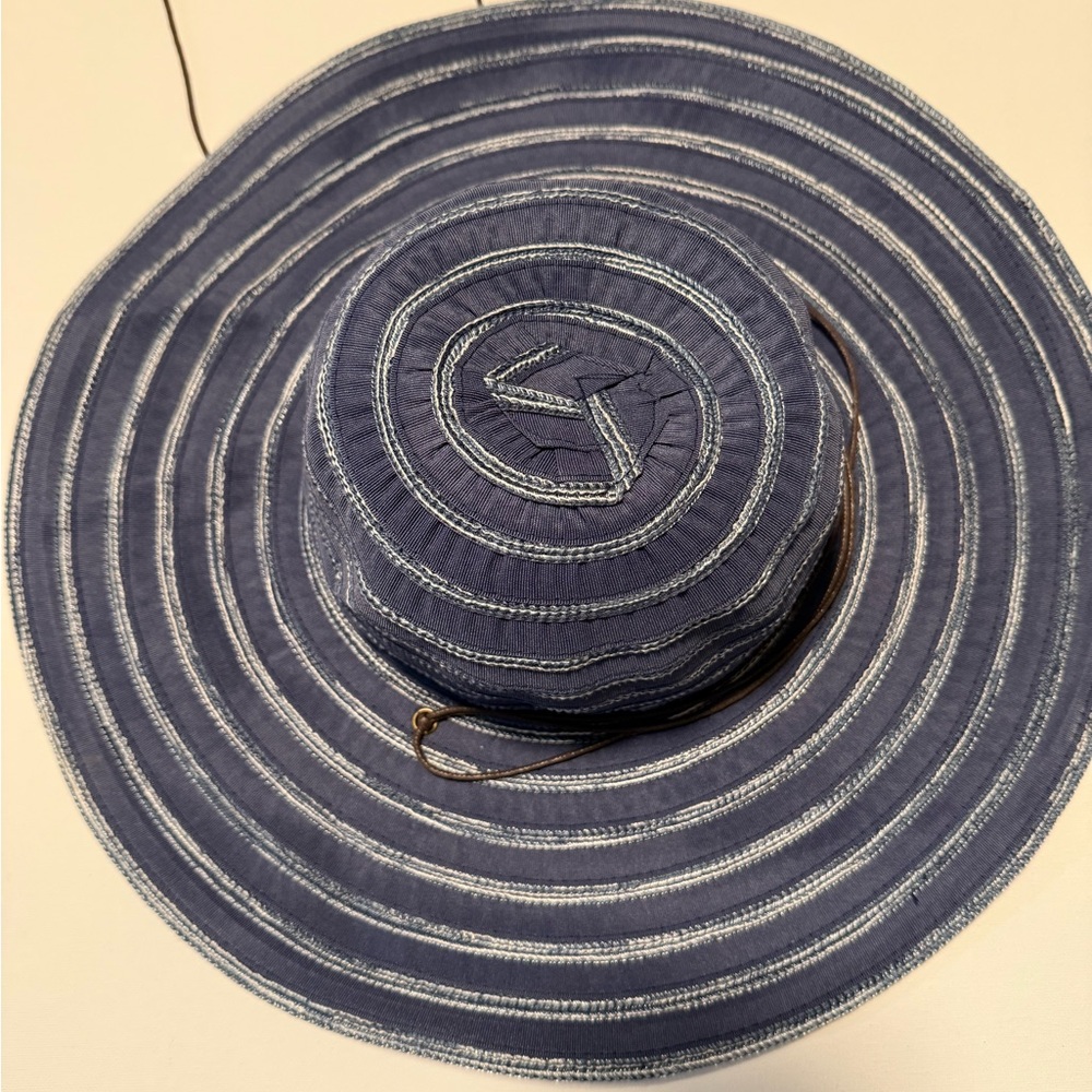 Panama Jack Womens Wide‎ Brim Sun Hat Navy Blue Striped Packable Beach Hat OSFM